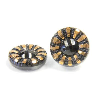 Glass Flat Back Engraved Button Top - Round Daisy 18MM GOLD on JET