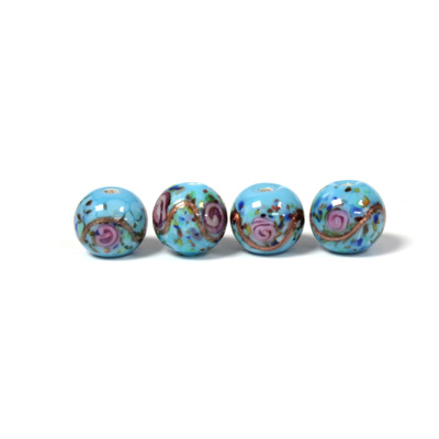 Czech Glass Lampwork Bead - Smooth Round 08MM Flower ON TURQ (63030)