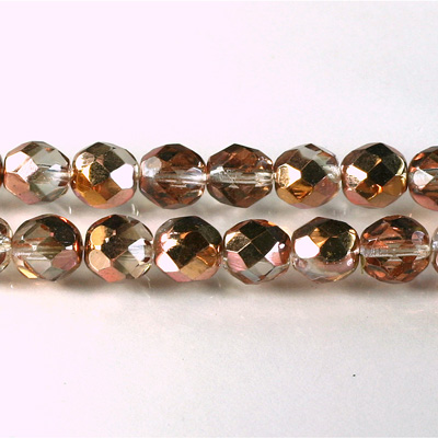 Czech Glass Fire Polish Bead - Round 08MM 1/2 Coated CRYSTAL/COPPER