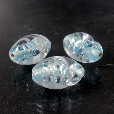 Glass Lampwork Bead - Oval Twist 18x11MM CRYSTAL with AQUA AND SILVER SWIRL