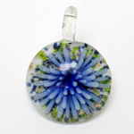 Glass Lampwork Pendant - 33mm Round Flower BLUE with MULTI COLORED on WHITE