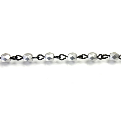 Linked Bead Chain Rosary Style with Glass Fire Polish Bead - Round 4MM MATTE SILVER-JET