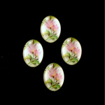 German Plastic Porcelain Decal Painting - Pink Flowers (2428) Oval 18x13MM MATTE CRYSTAL