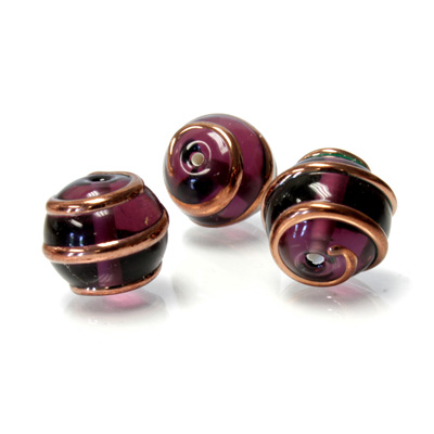 Czech Glass Lampwork Bead - Round 14MM COPPER WRAP AMETHYST