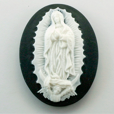 Plastic Cameo - Virgin of Guadalupe Oval 40x30MM WHITE ON BLACK