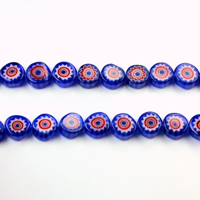 Glass Millefiori Bead - Flat Round 06x3MM BLUE WHITE RED (04)