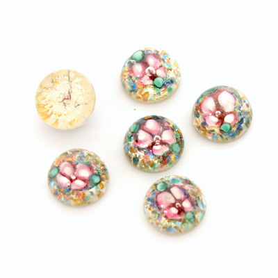 Glass Medium Dome Lampwork Cabochon - Round 10MM PINK ON SILVER (00596)