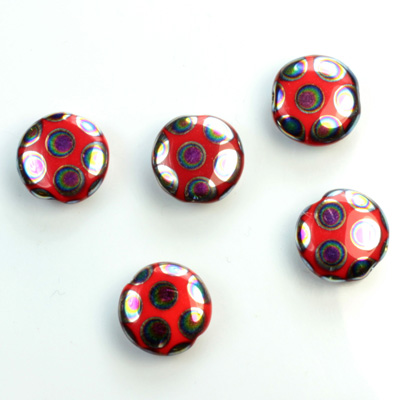 Pressed Glass Peacock Bead - Round 11MM SHINY RED