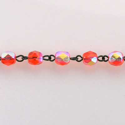 Linked Bead Chain Rosary Style with Glass Fire Polish Bead - Round 6MM HYACINTH AB-JET