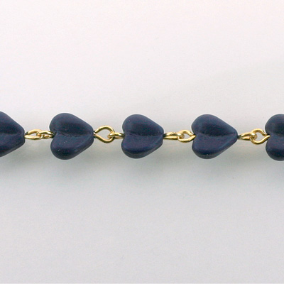 Linked Bead Chain Rosary Style with Glass Pressed Bead - Heart 8MM MATTE BLUE/GOLD