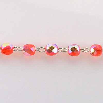 Linked Bead Chain Rosary Style with Glass Fire Polish Bead - Round 6MM HYACINTH AB-SILVER
