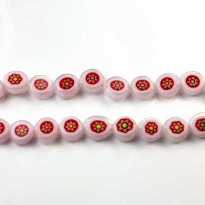 Glass Millefiori Bead - Flat Round 06x3MM WHITE RED YELLOW (19)