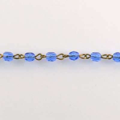 Linked Bead Chain Rosary Style with Glass Fire Polish Bead - Round 4MM SAPPHIRE-Brass