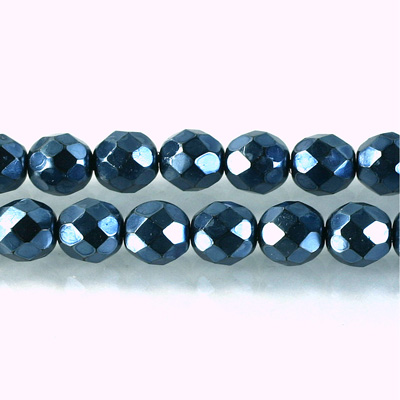 Czech Glass Pearl Faceted Fire Polish Bead - Round 08MM DK BLUE ON BLACK 72154