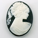 Plastic Cameo - Woman with Ponytail Oval 40x30MM WHITE ON BLACK