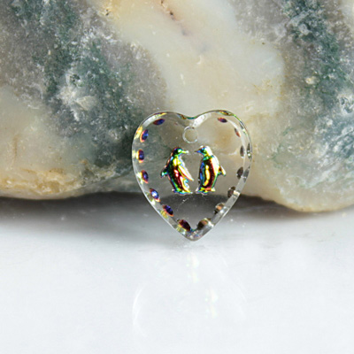 German Glass Engraved Buff Top Intaglio Pendant - PENGUINS Heart 12x11MM CRYSTAL HELIO RED