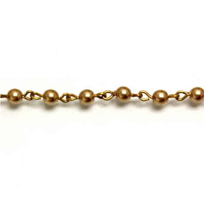 Linked Bead Chain Rosary Style with Glass Pearl Bead - Round 4MM GOLD-Brass