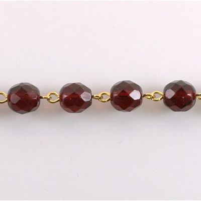 Linked Bead Chain Rosary Style with Glass Fire Polish Bead - Round 8MM GARNET-GOLD