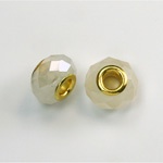 Glass Faceted Bead with Large Hole Gold Plated Center - Round 14x9MM OPAL WHITE