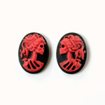 Plastic Cameo - Skeleton, Lolita Oval 18x13MM RED ON BLACK