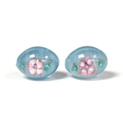 Czech Glass Lampwork Bead - Oval Smooth 16x12MM Flower PINK ON AQUA (04880)