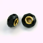 Glass Faceted Bead with Large Hole Gold Plated Center - Round 14x9MM JET