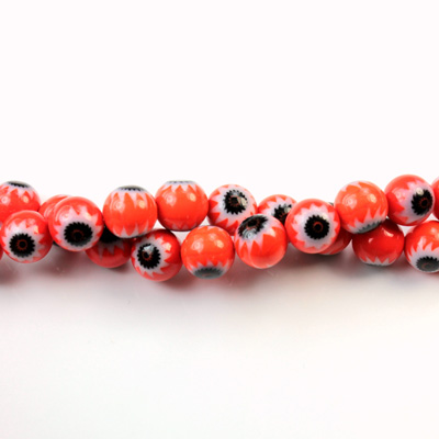 Glass Millefiori Bead - Round 06MM LT RED WHITE BLACK (31)