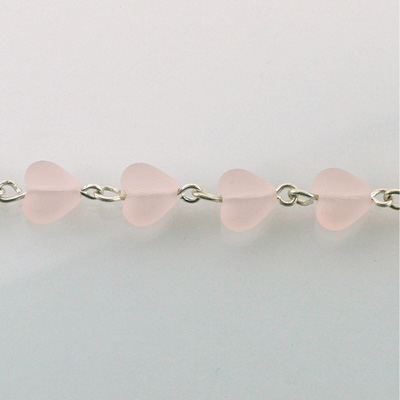 Linked Bead Chain Rosary Style with Glass Pressed Bead - Heart 8MM MATTE ROSALINE/SILVER