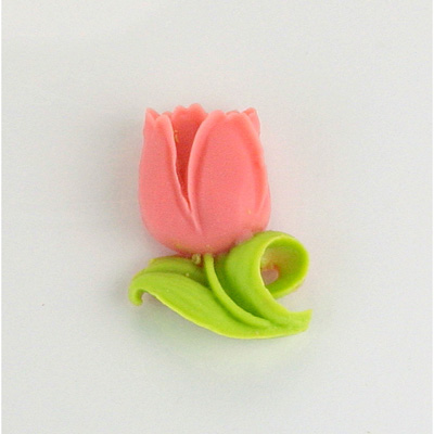 Plastic Carved Flower - Tulip with Leaf (Left) Carved Resin 22x15MM PINK with GREEN