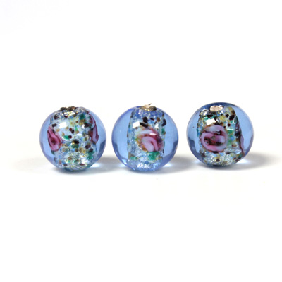 Czech Glass Lampwork Bead - Smooth Round 10MM Flower ON SAPPHIRE with  SILVER FOIL