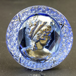 German German Glass Flat Back Reverse Carved Intaglio Back Woman's Head Round 35MM BRONZE on LT SAPPHIRE