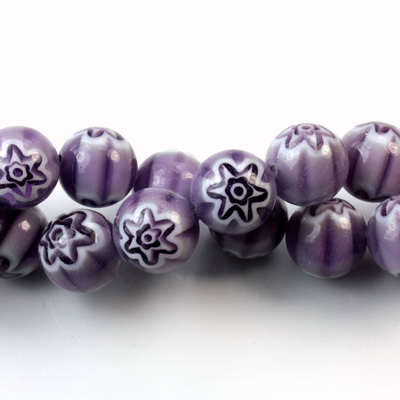 Glass Millefiori Bead - Round 10MM AMETHYST WHITE (34)