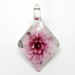 Glass Lampwork Pendant - 40x30mm Kite Flower ROSE on CRYSTAL