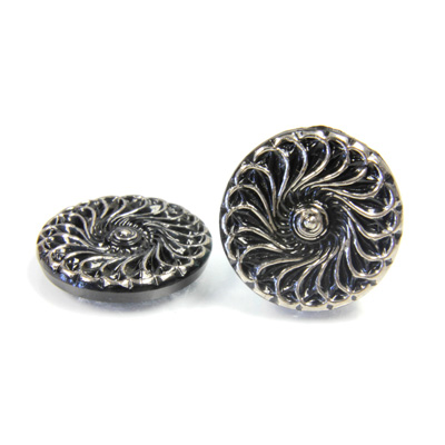 Glass Flat Back Engraved Button Top - Round Nautilus 18MM SILVER on JET