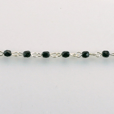 Linked Bead Chain Rosary Style with Glass Fire Polish Bead - Round 3MM JET-SILVER
