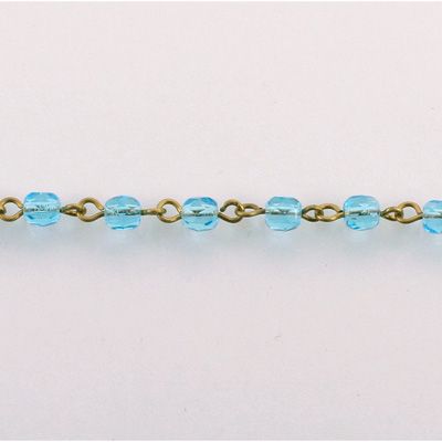 Linked Bead Chain Rosary Style with Glass Fire Polish Bead - Round 4MM AQUA-Brass