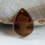 Preciosa Glass Engraved Pendant - Cut Top with Intaglio Back WOMAN'S Head - Shield 23x16MM SMOKE TOPAZ