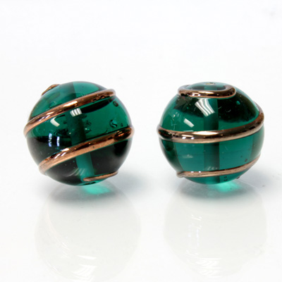 Czech Glass Lampwork Bead - Round 18MM COPPER WRAP EMERALD