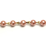 Linked Bead Chain Rosary Style with Glass Pearl Bead - Round 6MM LT PINK-Brass