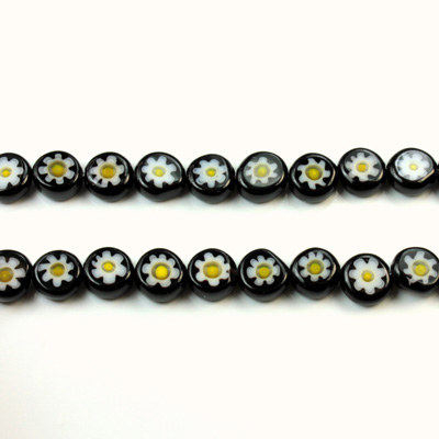 Glass Millefiori Bead - Flat Round 06x3MM BLACK WHITE YELLOW (09)