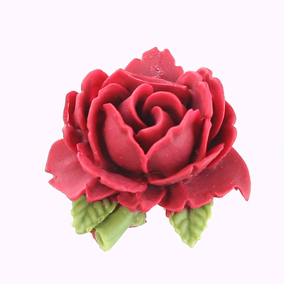 Plastic Carved No-Hole Flower - Rose 35MM MATTE Red with Olive Leaves