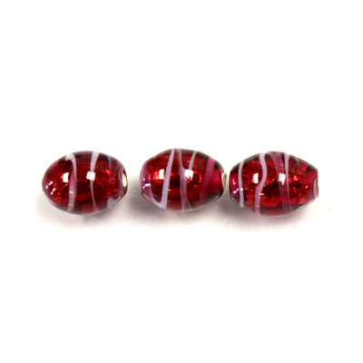 Czech Glass Lampwork Bead - Oval 10x8MM RUBY WHITE SWIRL SILVER LINE 90352