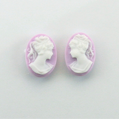Plastic Cameo - Woman with Ponytail Oval 14x10MM WHITE ON LILAC