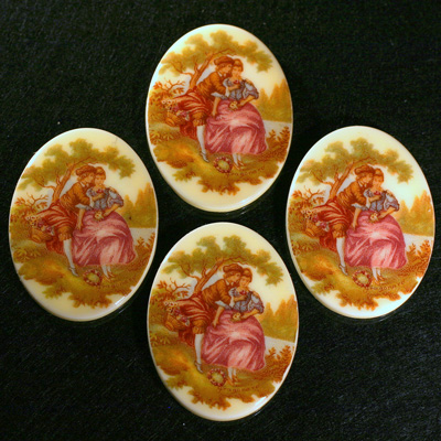German Plastic Porcelain Decal Painting - Rococo (Scene 1) Oval 40x30MM ON CHALKWHITE BASE