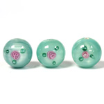 Czech Glass Lampwork Bead - Smooth Round 12MM Flower PINK ON LT GREEN (00049)