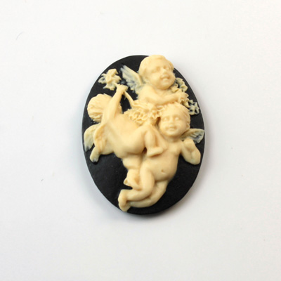 Plastic Cameo - Cherubs 3 Oval 25x18MM IVORY ON BLACK