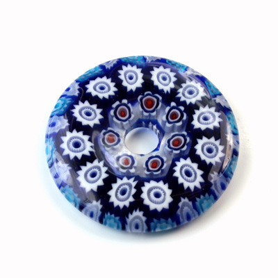 Glass Millefiori Bead - Round Donut 35MM BLUE WHITE RED (40)