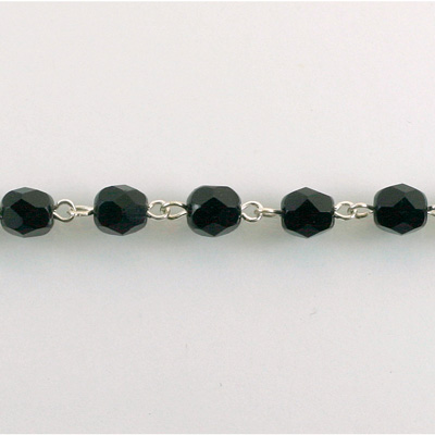 Linked Bead Chain Rosary Style with Glass Fire Polish Bead - Round 6MM JET-SILVER