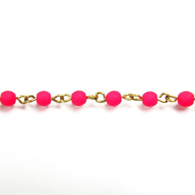 Linked Bead Chain Rosary Style with Glass Pressed Bead - Round 4MM MATTE NEON PINK-Brass