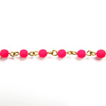 Linked Bead Chain Rosary Style with Glass Pressed Bead - Round 4MM MATTE NEON PINK-Brass